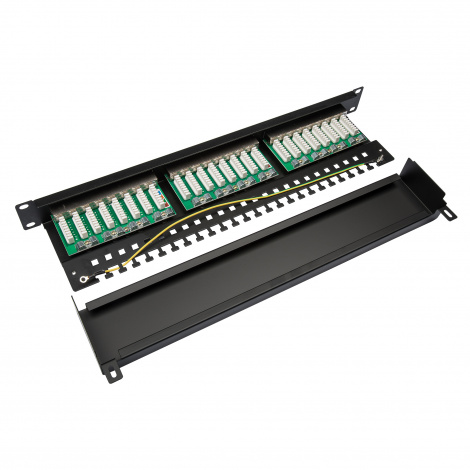 Панель коммутационная кат.5е, STP, 19", 1U, 24хRJ45, 568A/В, черный